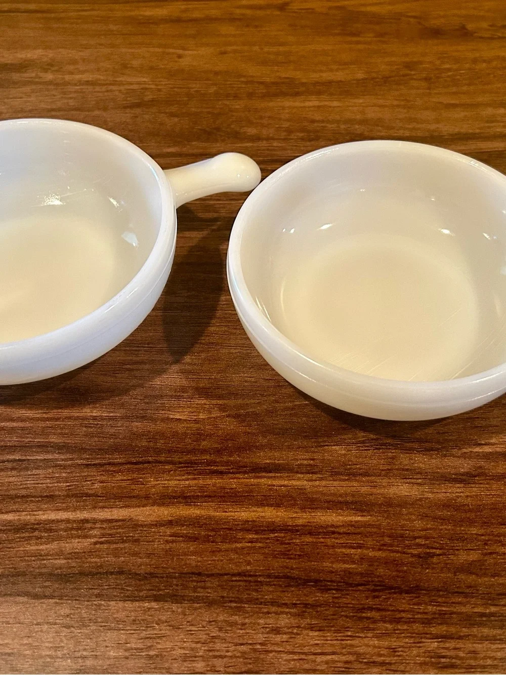 Vintage Glasbake White Milk Glass Bowls Set of 2 soups & Sauces w lugnut handle